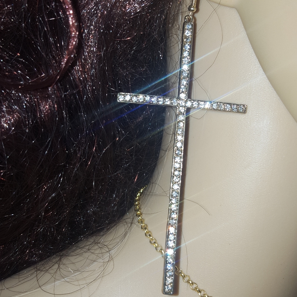 NW LONG 4.5x2in CZ CRYSTAL CROSS EARRINGS GOLDTONE